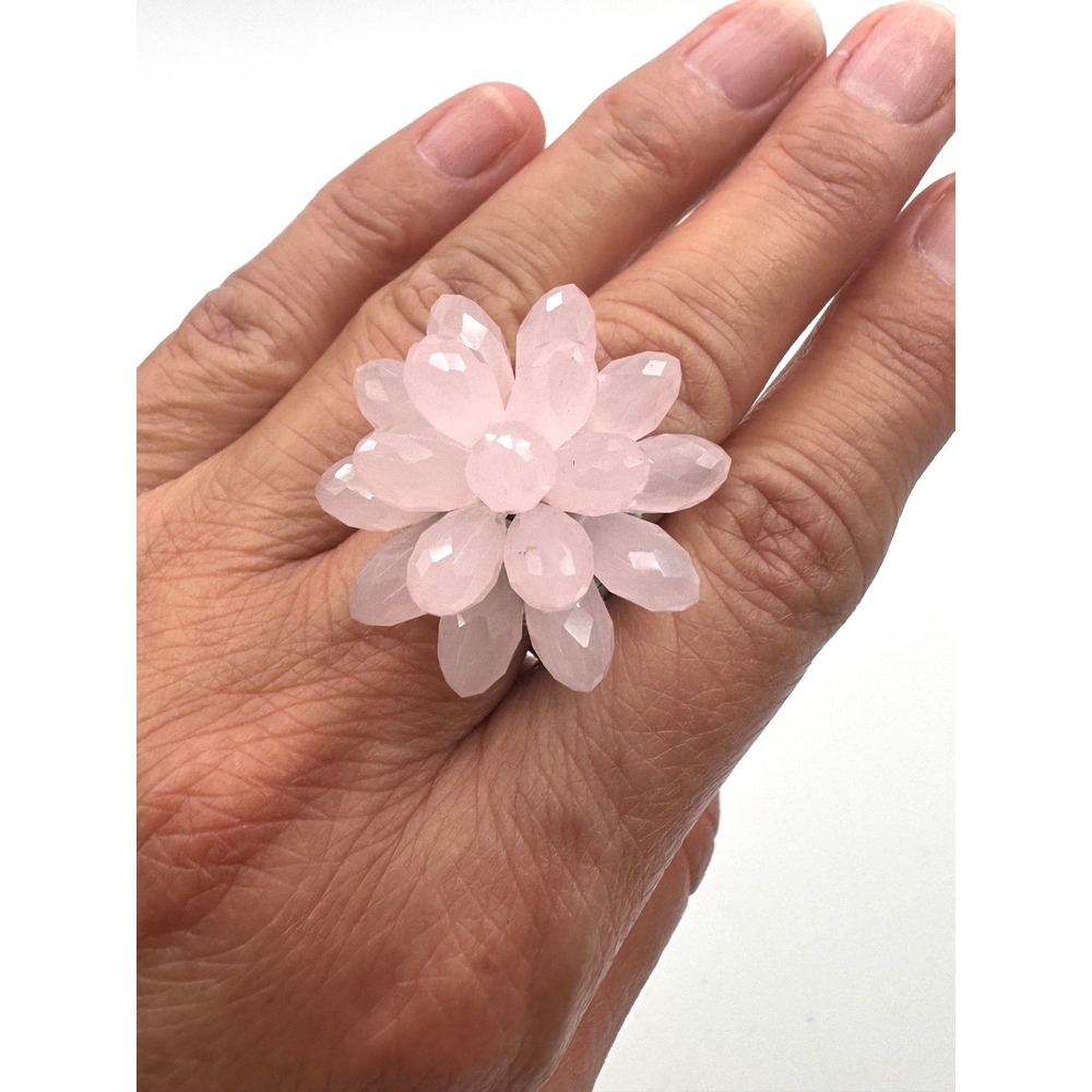 Paparazzi Pink Beaded Flower Statement Ring Stretchy Silver Tone Band Size 8.5